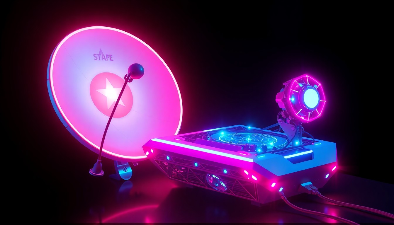 A highly detailed, glowing 3D illustration of a Starlink satellite dish and router, with intricate cybernetic hardware components illuminated by neon cyan and magenta lights, conceptually representing the integration of wireless and satellite internet technologies.