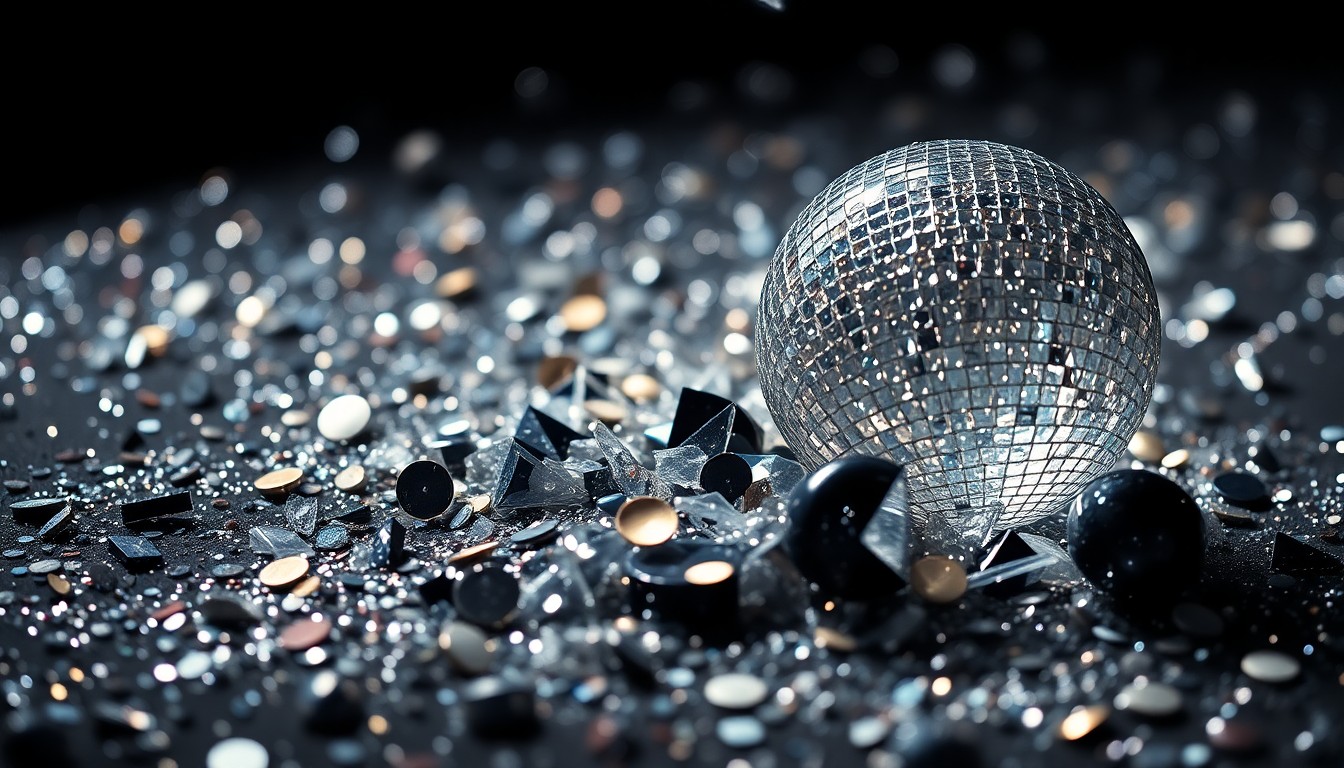 An extreme close-up of shimmering sequins and shattered glass, reflecting dramatic studio lighting and capturing the glitz and energy of Omaha's performing arts scene.