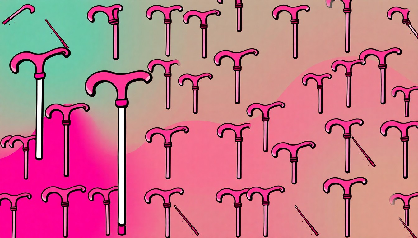 A brightly colored, high-contrast silkscreen print of a white cane repeated in a tight grid pattern, conceptually representing the assistive tools used by the visually impaired community.