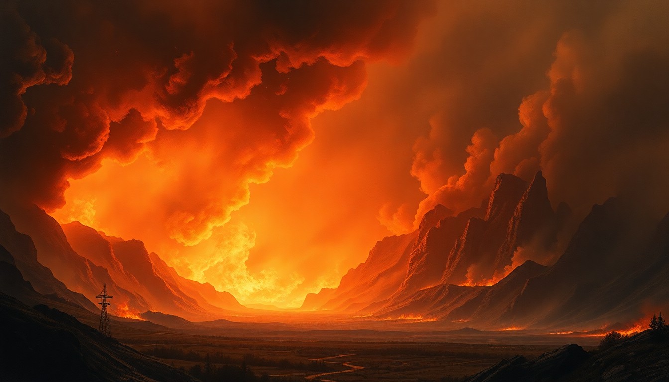 A sweeping, atmospheric landscape painting depicting a massive wildfire raging across a vast, rugged terrain, with the flames and smoke dominating the frame and dwarfing any physical structures or human figures.
