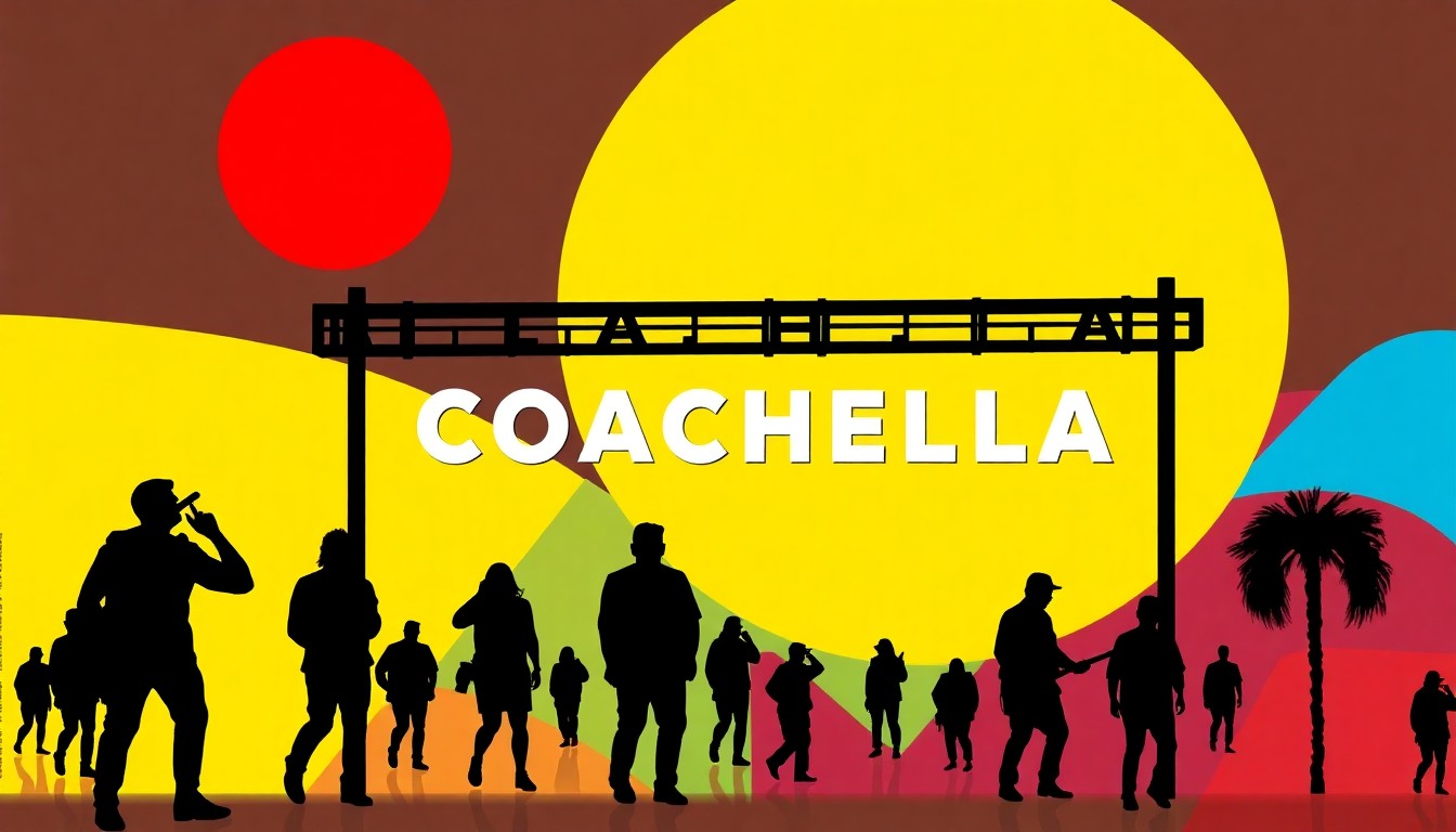 A dynamic, abstract illustration featuring bold, jagged shapes in vibrant colors, capturing the lively spirit of the Coachella music festival.