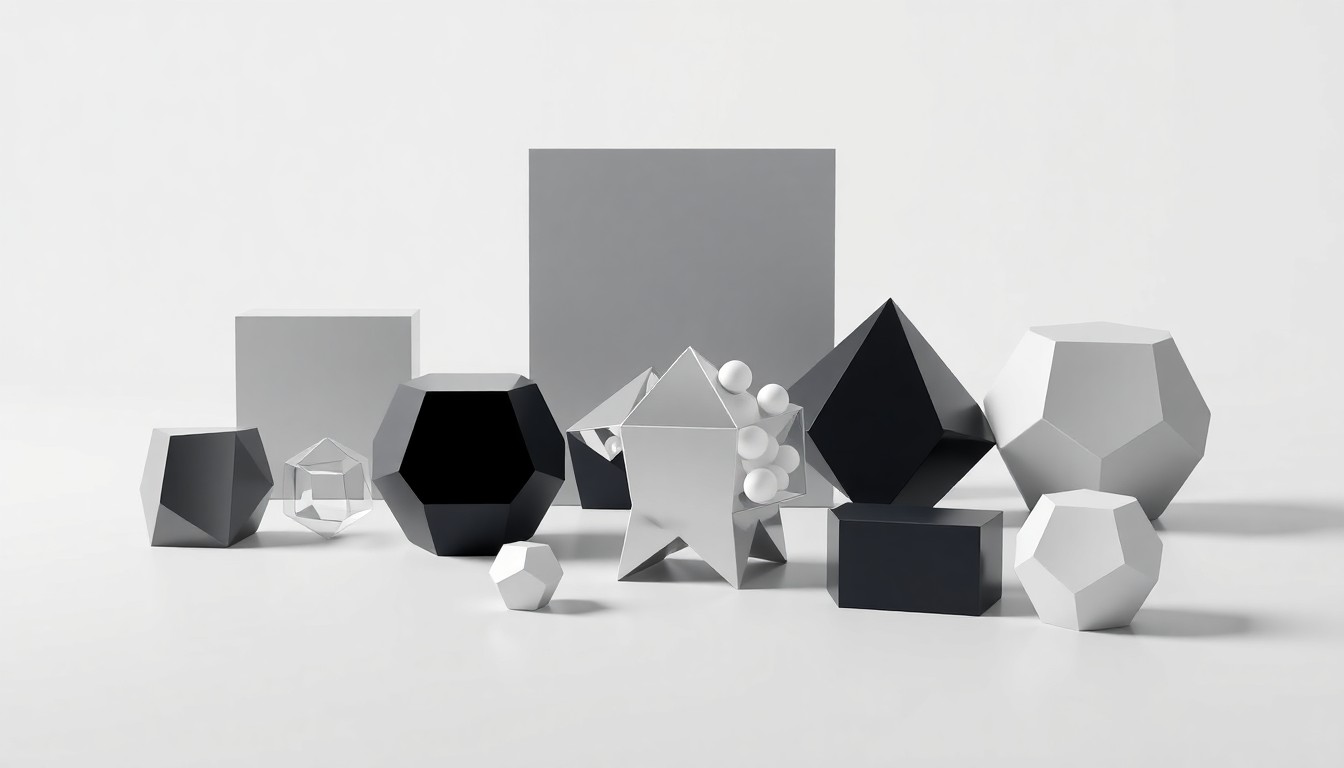 A high-end, photorealistic studio still-life photograph featuring a collection of premium, polished geometric objects arranged elegantly on a clean, monochromatic background, conceptually representing the data-driven analytical capabilities of TalentNeuron's Organizational Design tool.