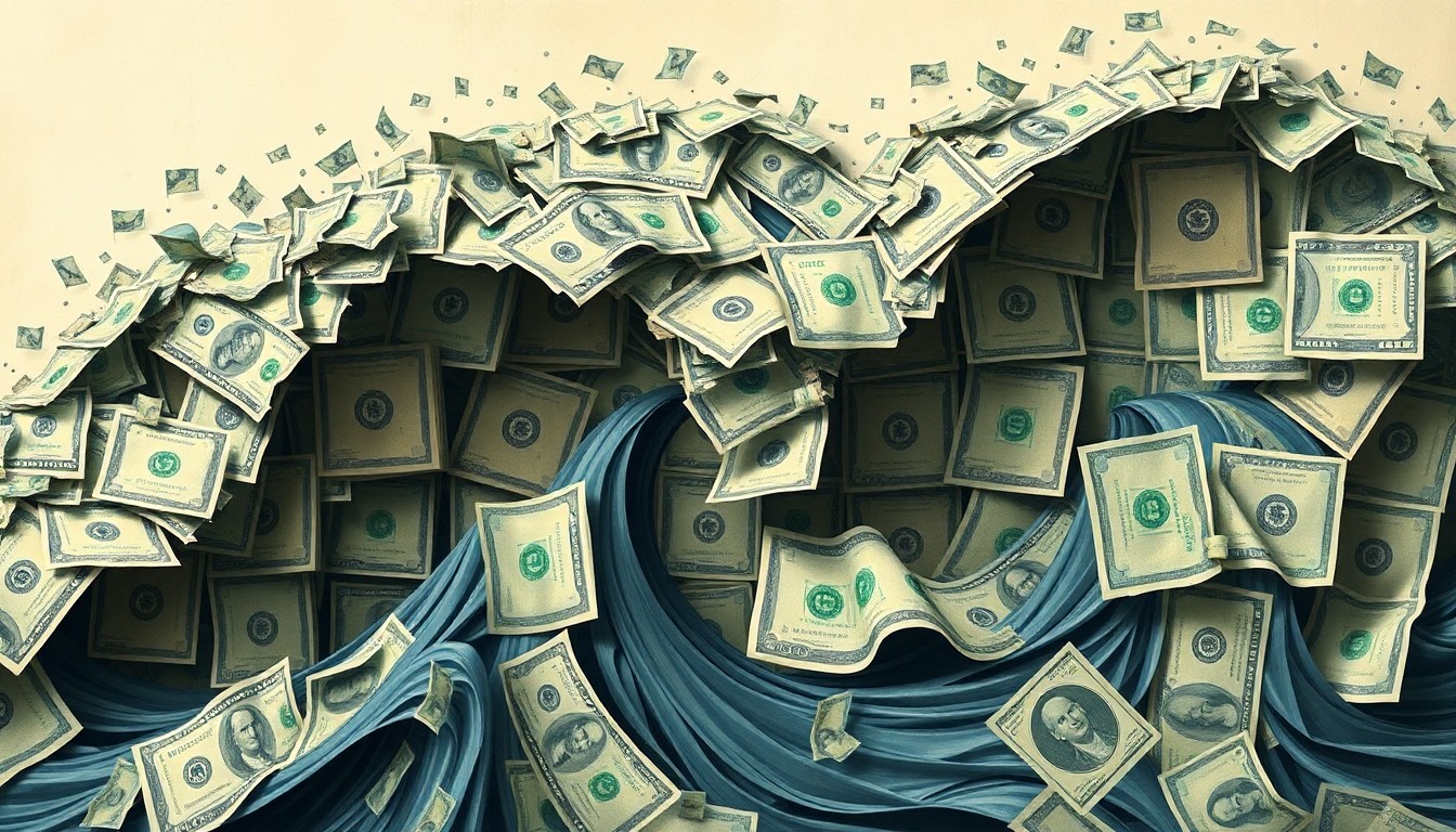 An abstract, fragmented painting of overlapping geometric shapes in shades of green and blue, conceptually representing the chaotic flow of government funds.