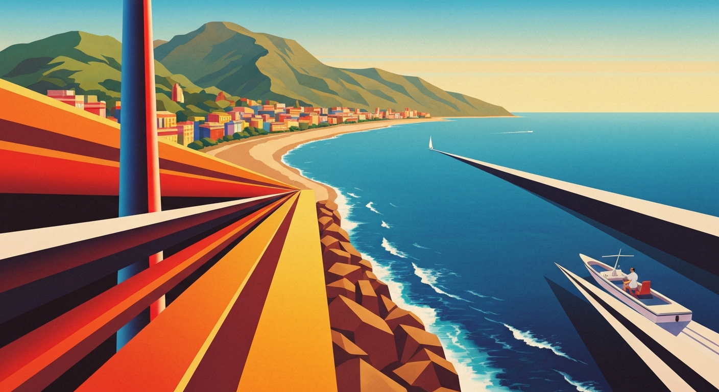 A highly stylized, geometric illustration depicting the sweeping scale and grandeur of a coastal landscape, with towering dunes, marshes, and pine forests rendered in smooth, airbrushed gradients of earthy greens, blues, and ochres, conveying the natural beauty and tranquility of Alabama's Gulf State Park.