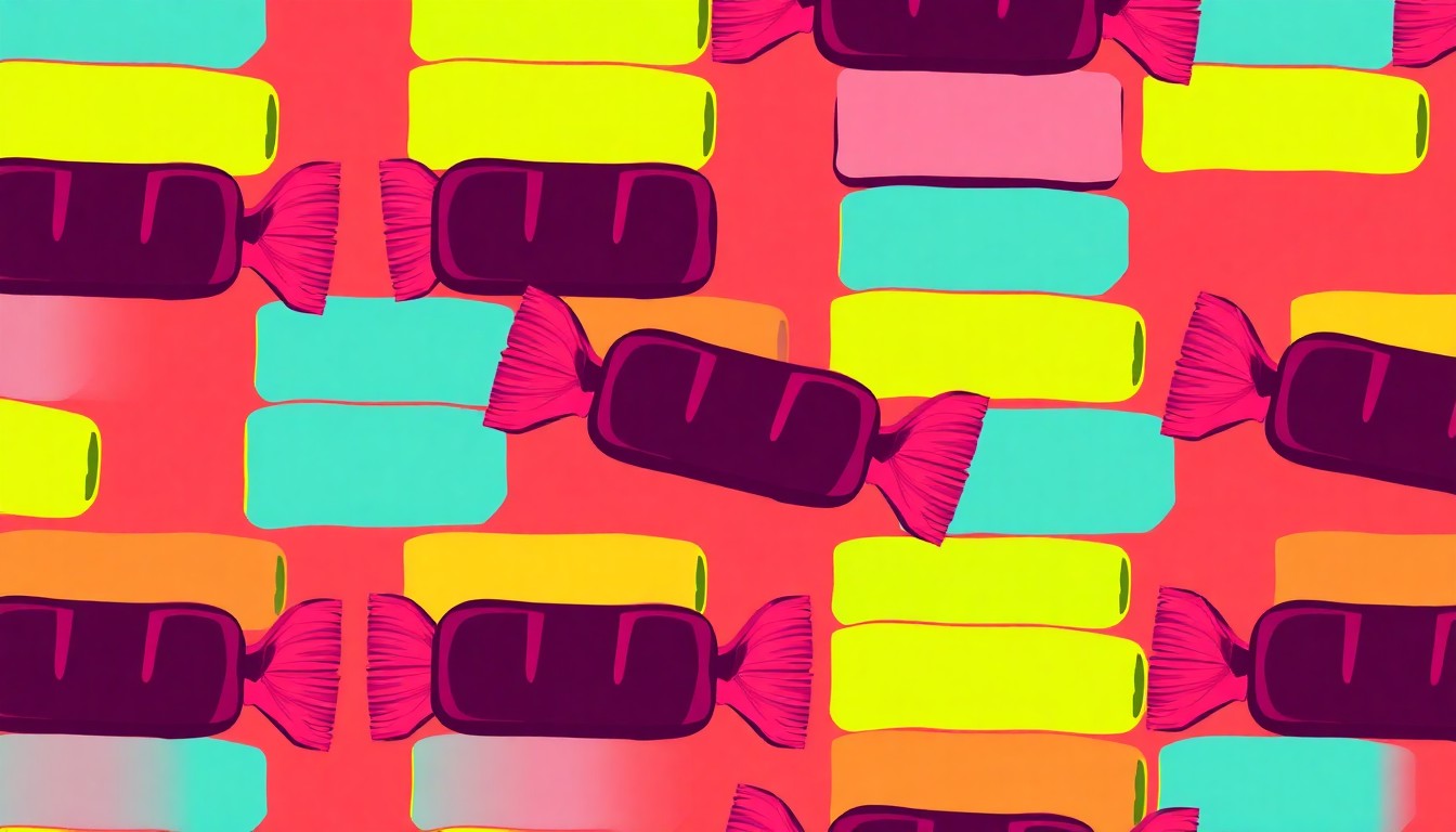 A brightly colored, high-contrast silkscreen print of a single, iconic candy item repeated in a tight grid pattern, conceptually representing the vibrant and playful nature of the new Candy Hall of Fame museum.