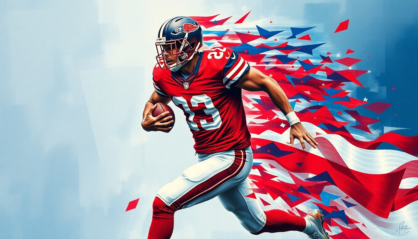 A dynamic, abstract painting of an American football player in motion, their jersey and limbs repeated in overlapping, geometric waves of red, white, and blue colors, capturing the high-energy and political tensions surrounding the NFL.