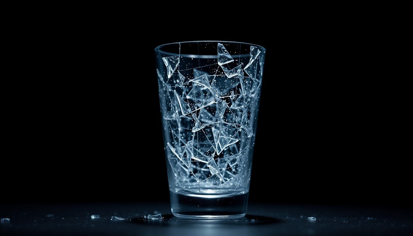 An extreme close-up of a shattered glass tumbler, its jagged edges and reflective surfaces capturing the vibrant, textural essence of Tiki bar culture.