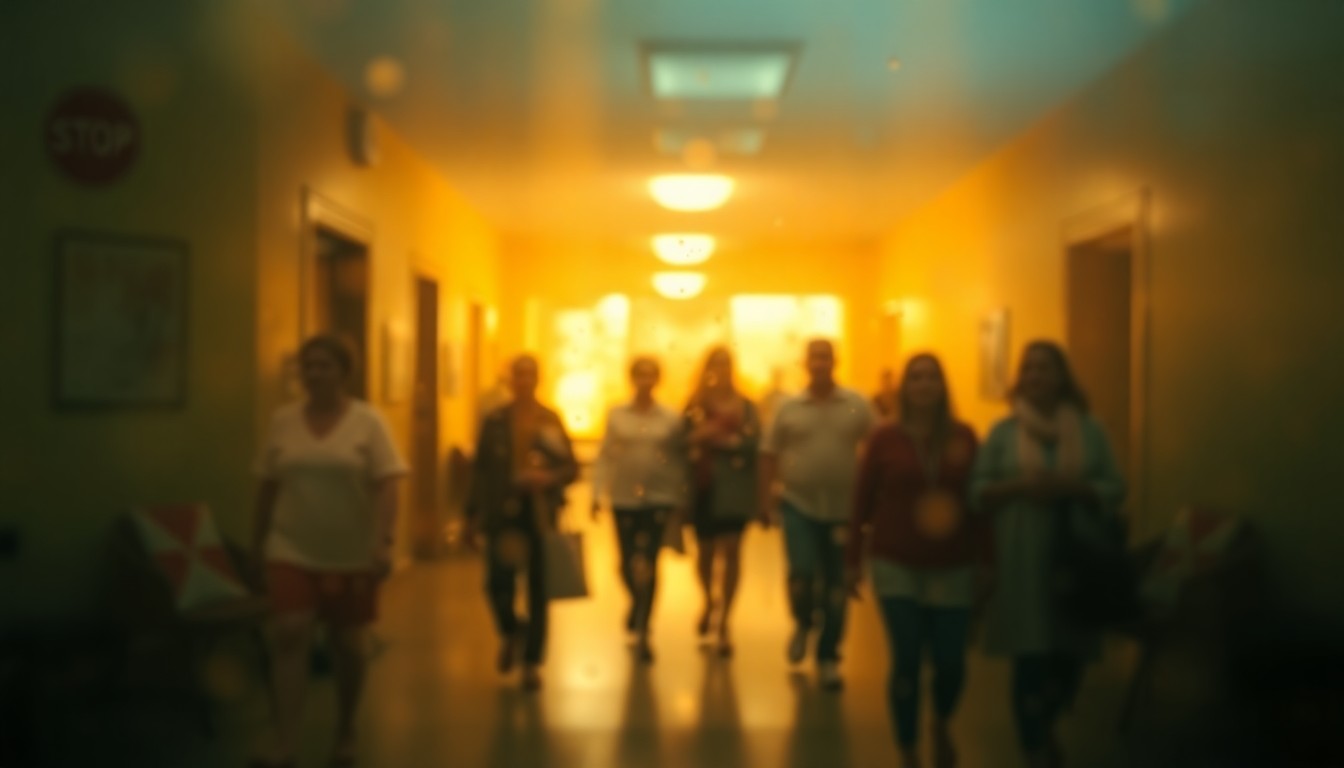 An abstract, impressionistic scene of people moving through a warm, softly-lit interior space, conveying a sense of community and comfort within a supportive housing environment.