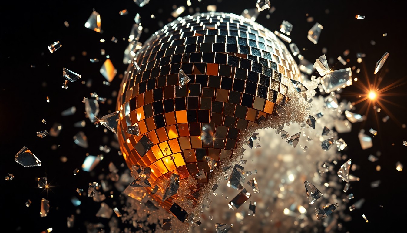 An extreme close-up photograph of shattered, glittering glass fragments, conceptually representing the dramatic championship matches and evolving power structures in the world of women's wrestling.