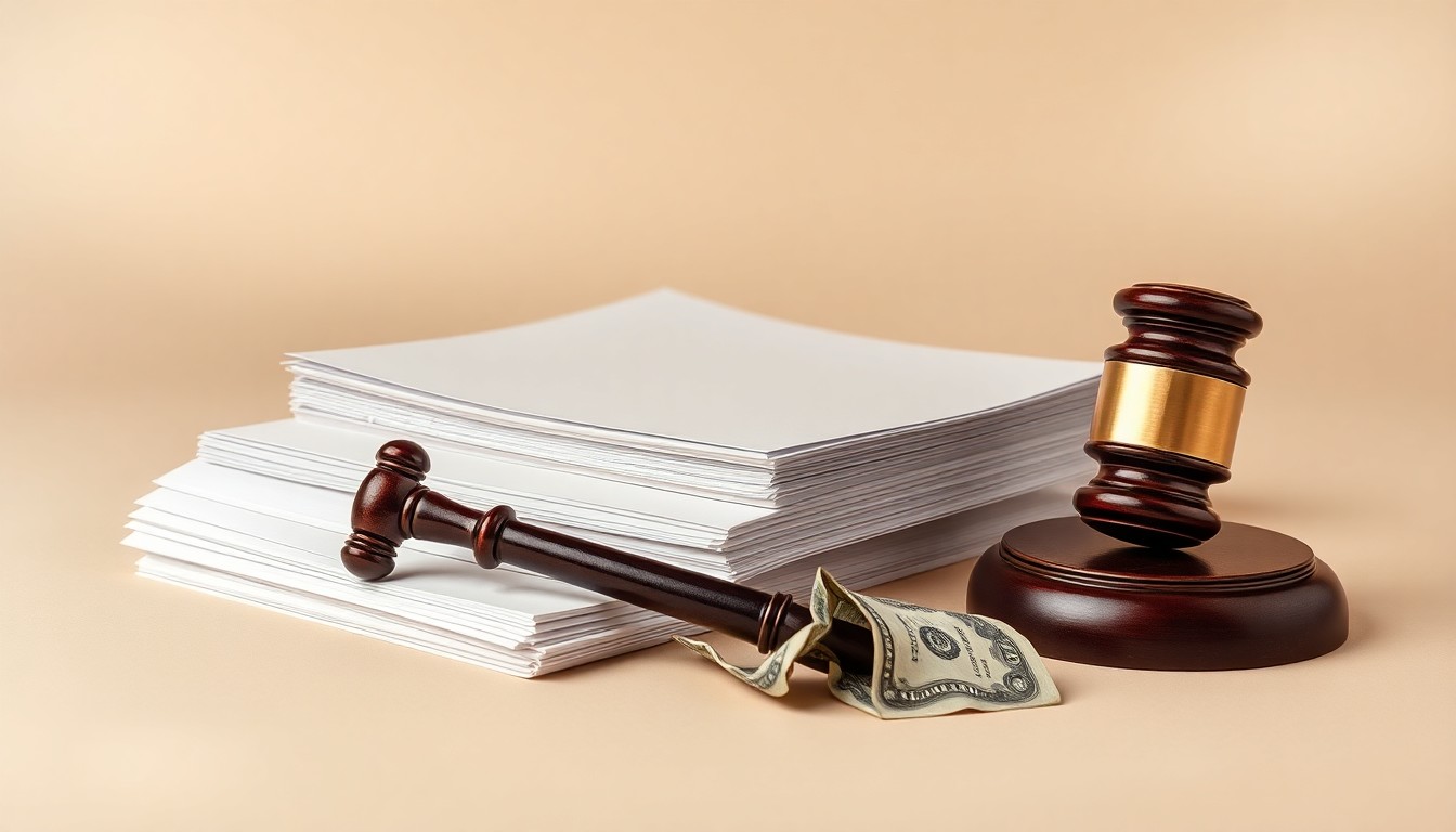 A photorealistic studio still life featuring a stack of legal documents, a broken gavel, and a crumpled dollar bill, symbolizing the legal and financial troubles that led to the closure of two community hospitals.