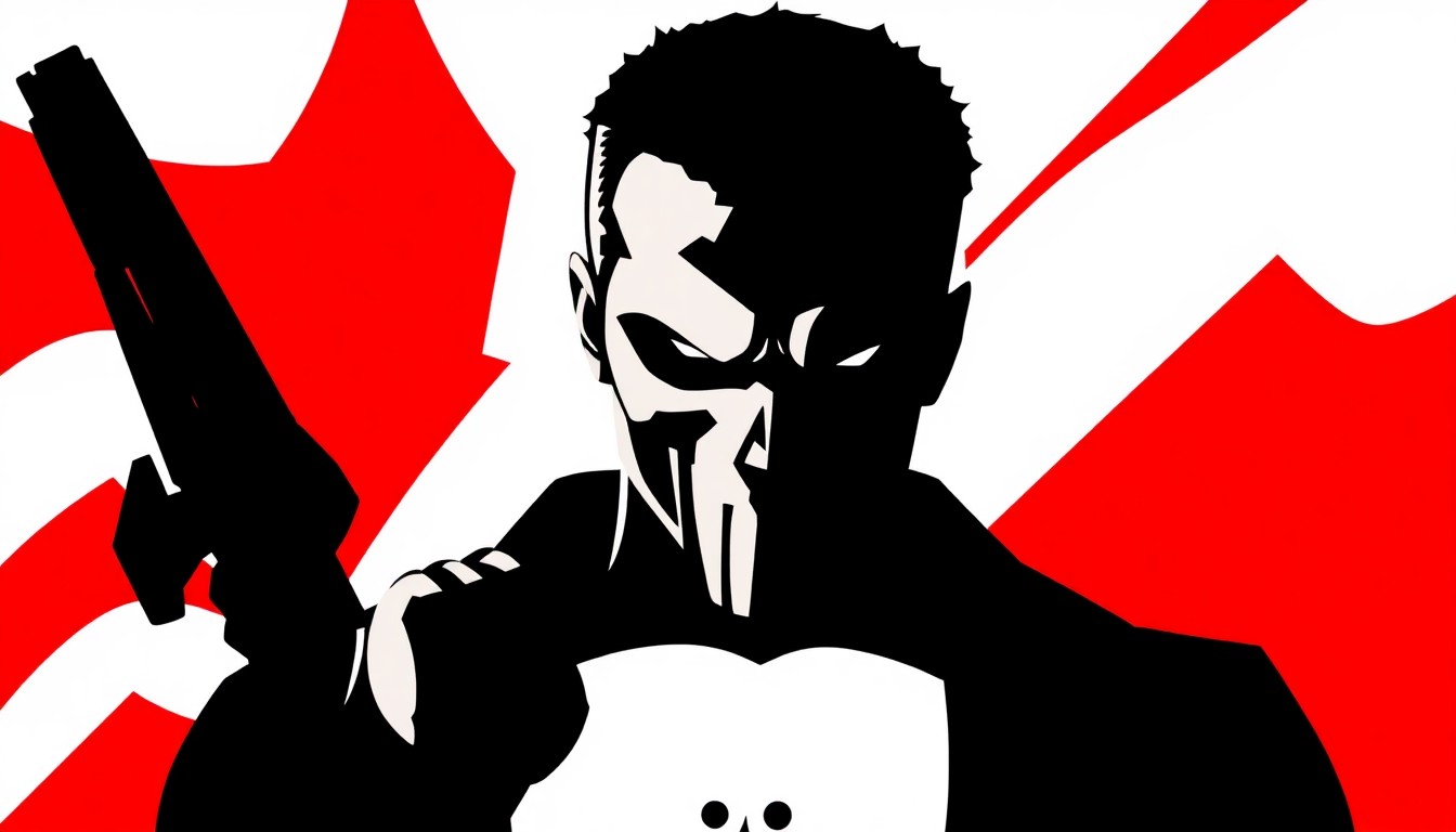 A stark, minimalist illustration featuring a jagged, black silhouette of the Punisher's iconic skull logo against a backdrop of bold, contrasting red and white geometric shapes, capturing the character's intense and uncompromising nature.