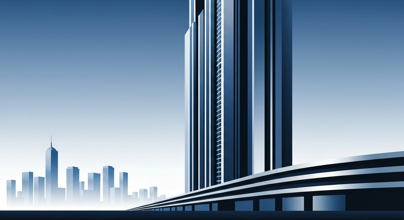 A highly stylized, geometric illustration depicting the grand, monumental scale of a towering hotel facade, rendered in a bold, Art Deco-inspired visual style with smooth, airbrushed gradients of steel blue, charcoal, and chrome, conveying the sense of travel and the challenges of finding affordable lodging during major events.