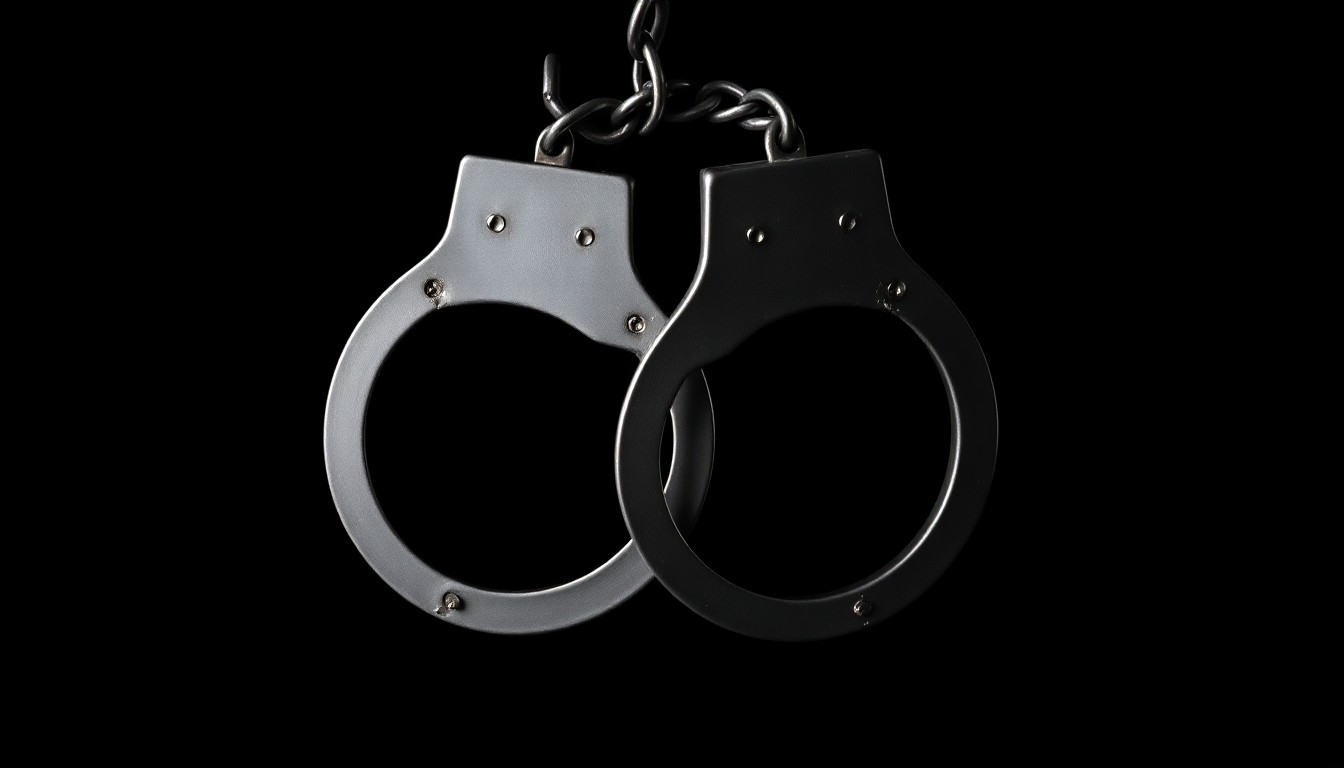 An extreme close-up photograph of a pair of handcuffs against a pitch-black background, lit by a harsh, direct camera flash, conceptually illustrating the legal complexities surrounding a controversial competency ruling.