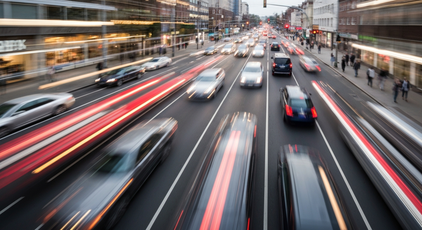 Heavily blurred, sweeping brushstrokes of color representing the motion and energy of a busy suburban street, conceptually illustrating the need for improved pedestrian safety measures.