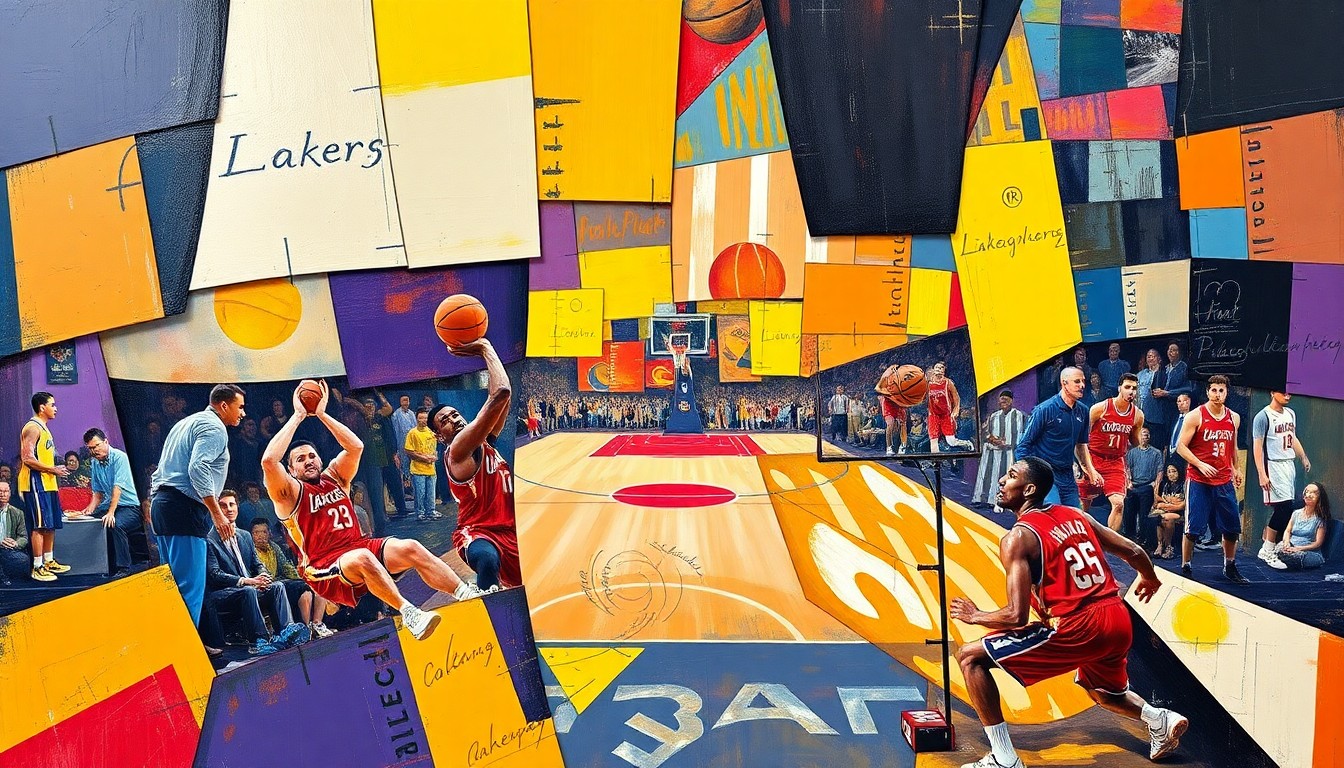 A fractured, multi-perspective painting in bold colors depicting an abstract basketball game, conveying the uncertainty and challenges facing the Lakers as they prepare for the playoffs.