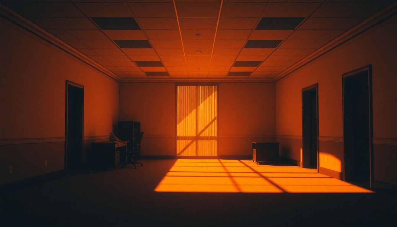 A dimly lit, empty government office space with a lone desk and chair, the warm sunlight streaming in through the window and casting deep shadows, conveying a sense of quiet contemplation and the weight of bureaucracy.