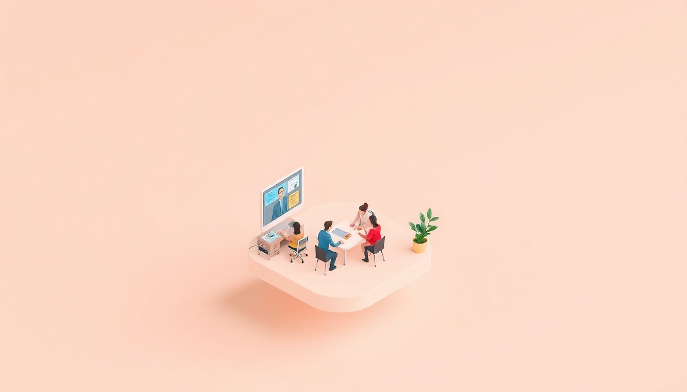 An isometric 3D digital illustration depicting a group of people working together in a stylized, minimalist business environment, representing the collaborative nature of K+W's leadership development program.