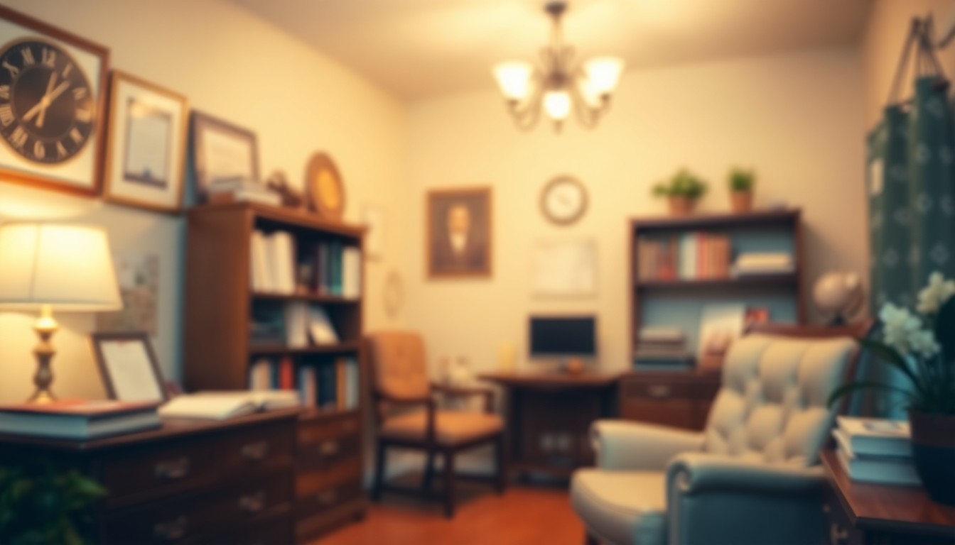 An extremely abstracted, out-of-focus photograph in warm tones depicting the blurred interior of a counselor's office, with indistinct shapes and forms representing the tools and environment used to provide compassionate support to those in need.