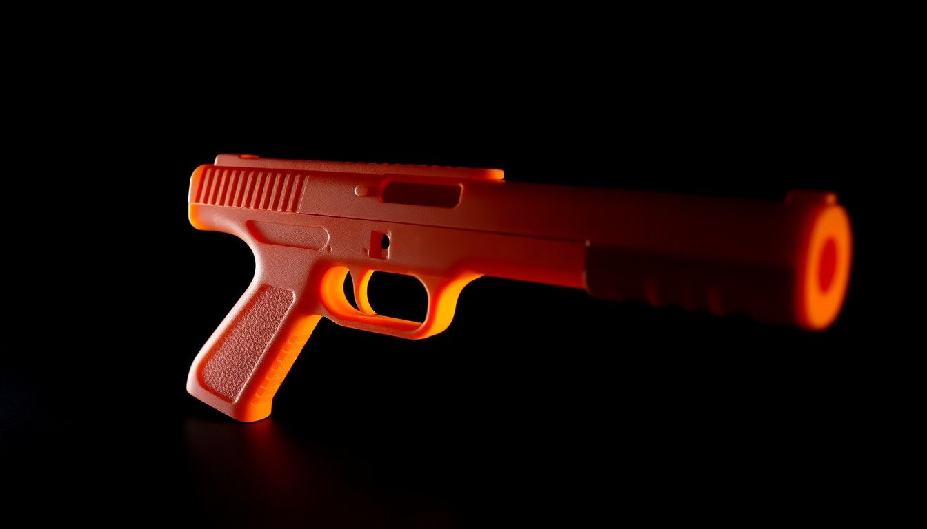 An extreme close-up photograph of a 3D-printed gun part, its metallic surface and intricate details starkly illuminated by a harsh flash against a pitch-black background, conveying a sense of the gritty, investigative nature of this crime.