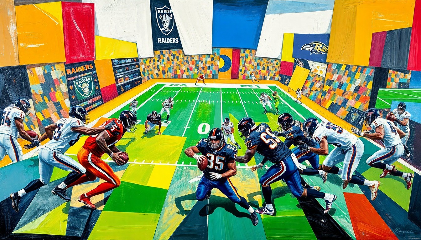 A cubist, geometric painting depicting a fractured football game scene, with sharp planes of the Raiders and Ravens team colors overlapping to create a dynamic, abstract composition.