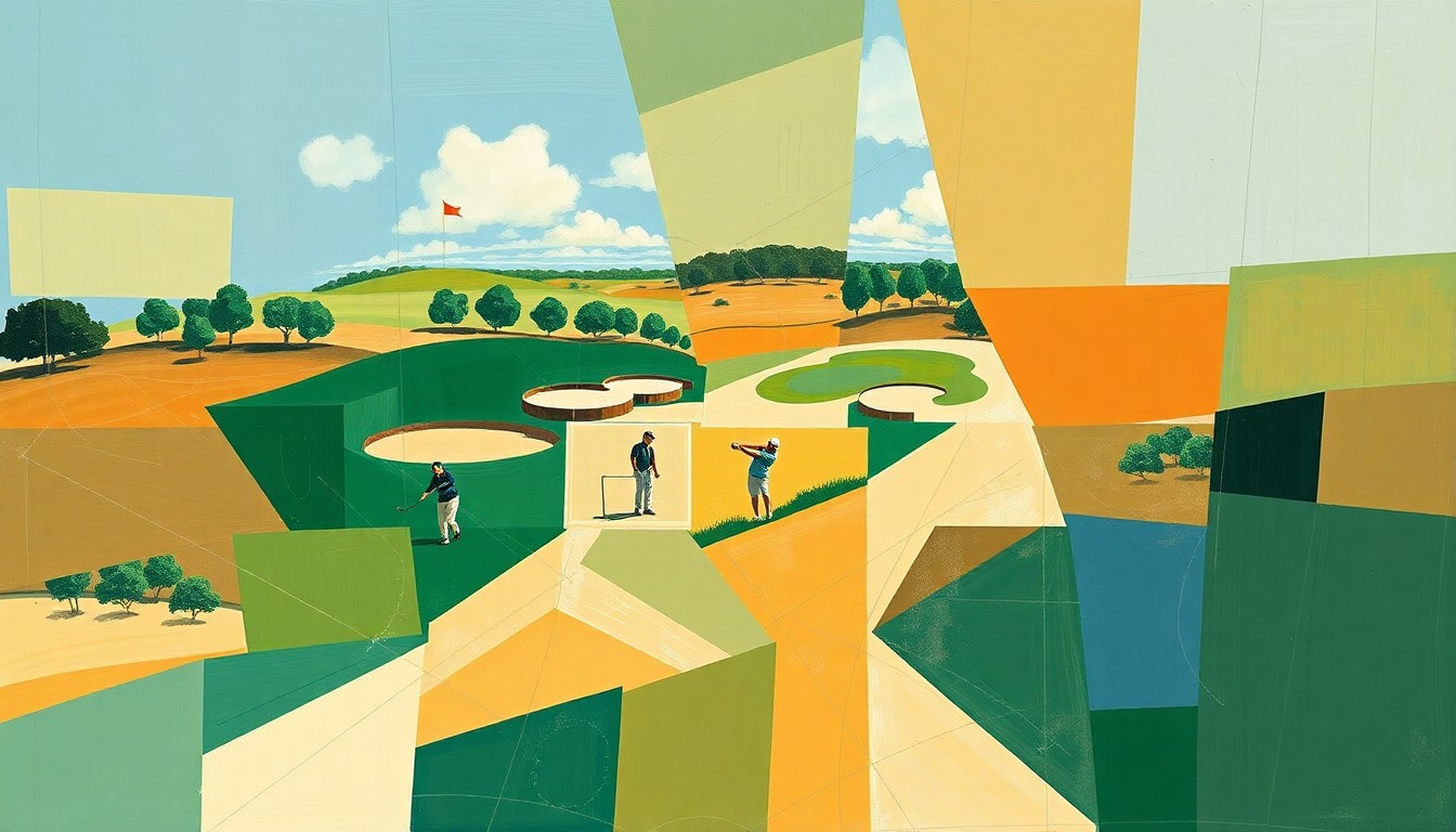 A cubist, geometric painting depicting a fragmented, multi-angled view of a golf tournament, with sharp planes of emerald green, sand tan, and sky blue representing the sport's expanding global reach.
