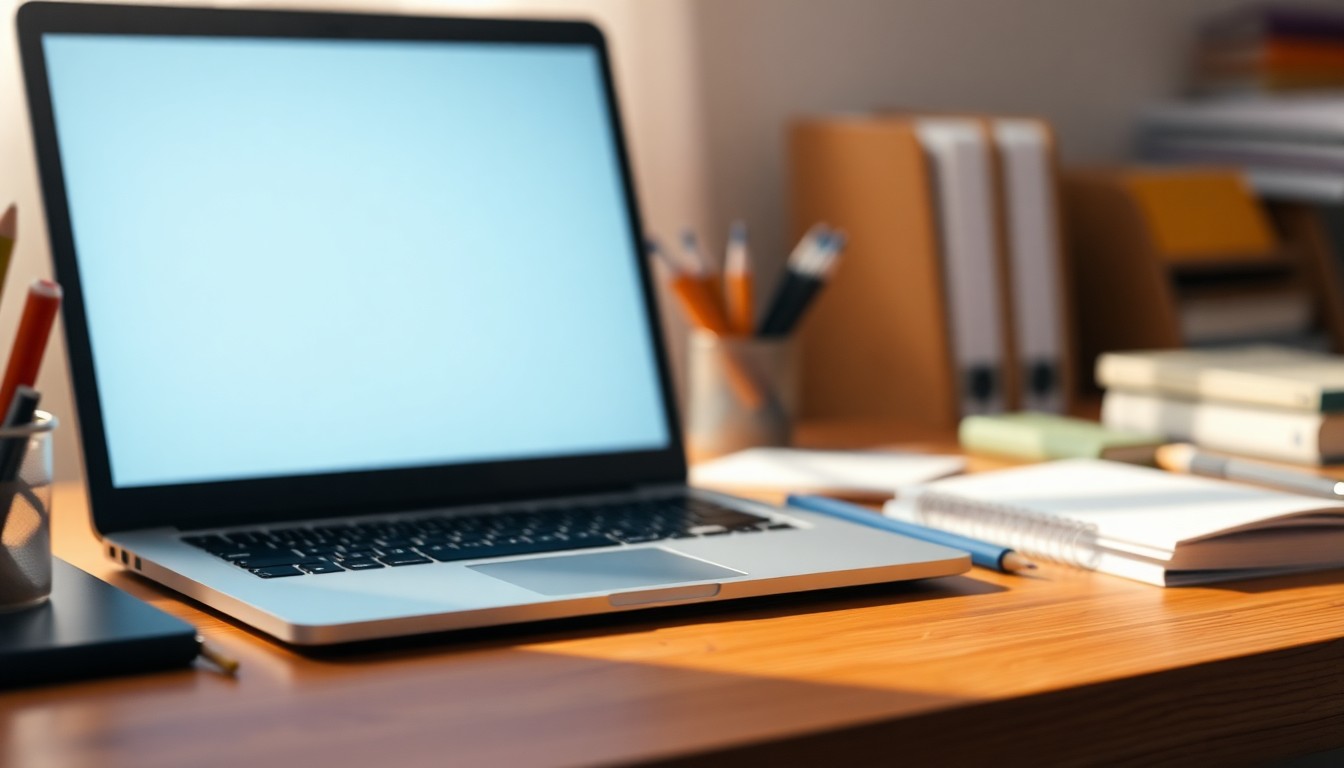 A softly blurred, out-of-focus scene of a laptop computer and school supplies on a wooden desk, bathed in warm, diffused light, conceptually representing the flexibility and personalization of Bayfield's new online learning program.