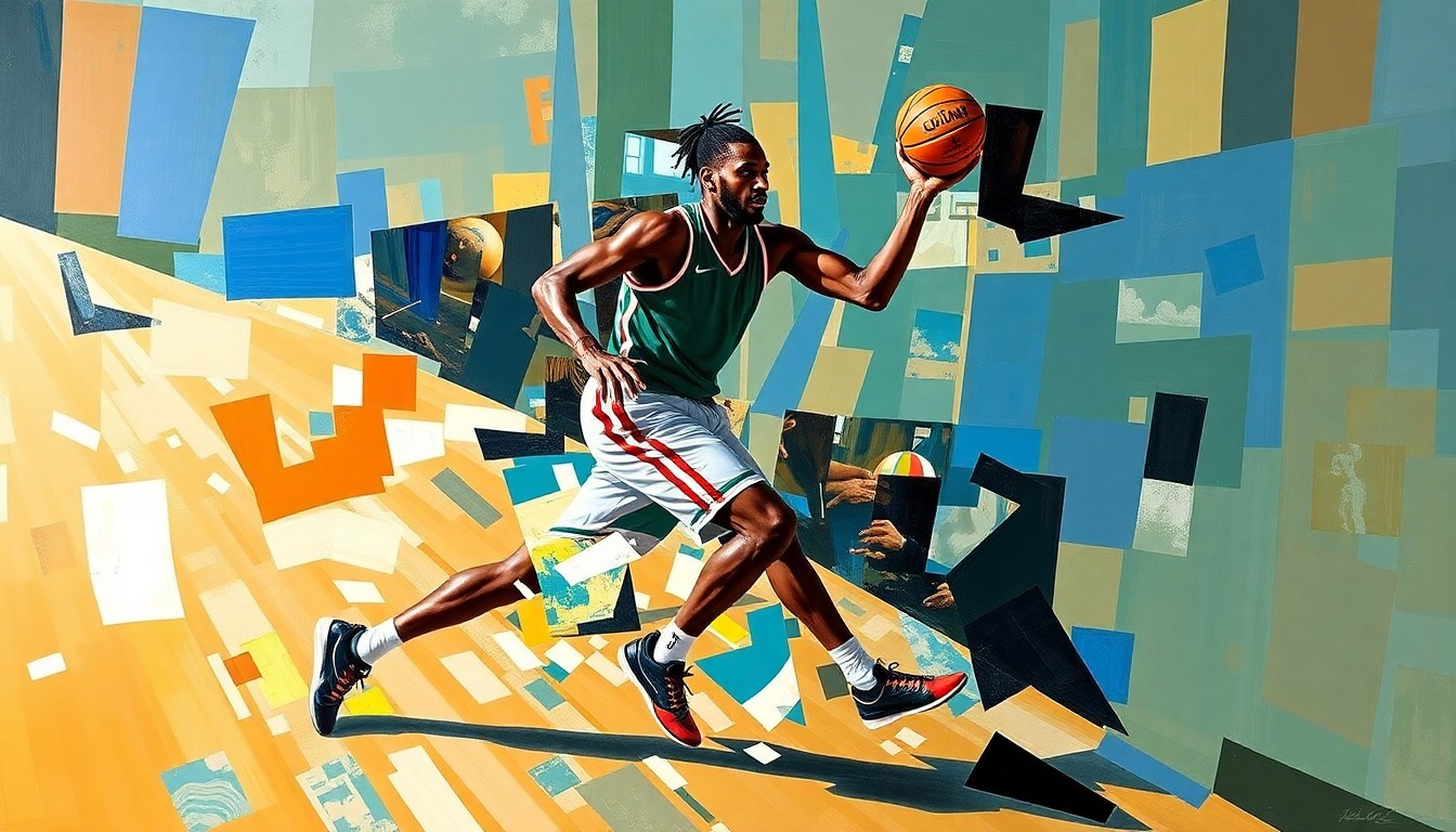 A cubist, geometric painting depicting the dynamic movements and gameplay of basketball player Jalen Suggs, with overlapping planes and shapes capturing the energy and intensity of the sport.