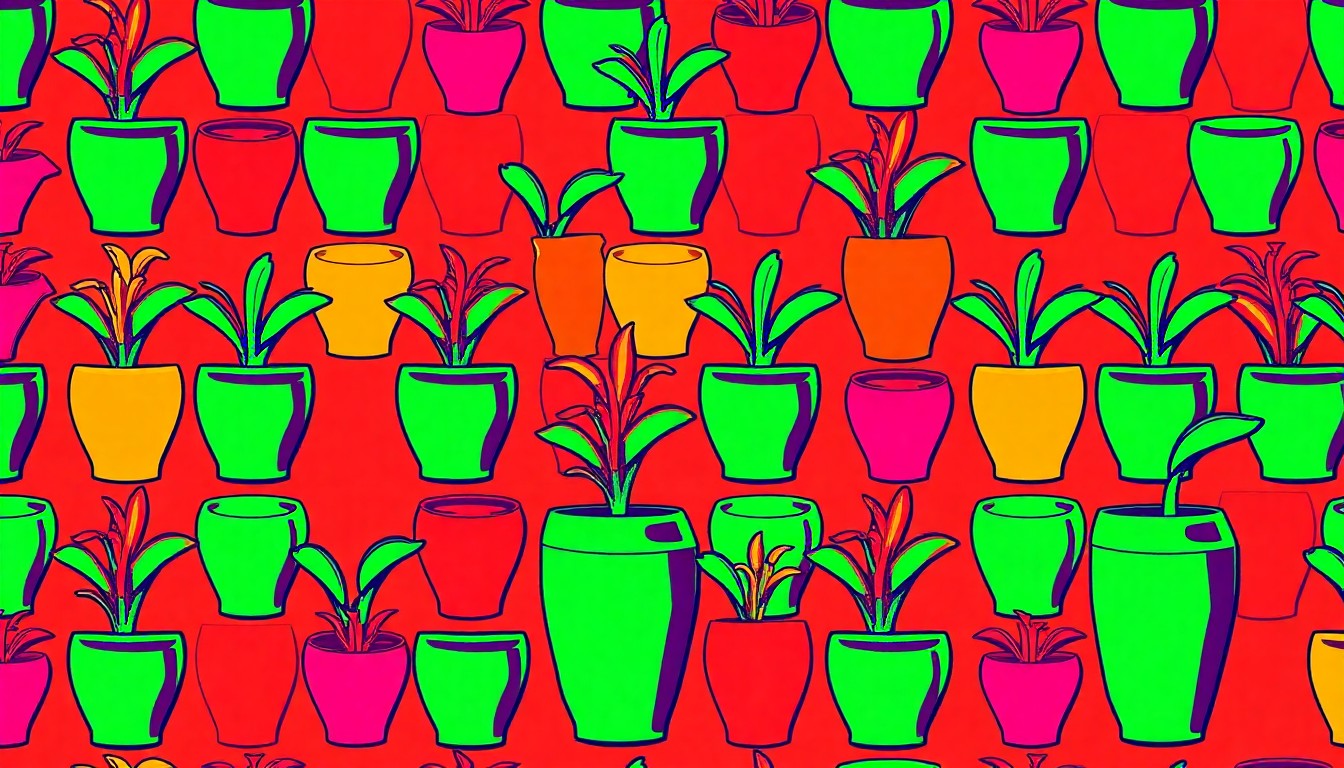 A vibrant, high-contrast silkscreen print featuring a repeating grid of a single sculptural plant vessel in bold neon colors, conceptually representing Trendy Gardener's curated plant-and-vessel pairings for elevated interior design.