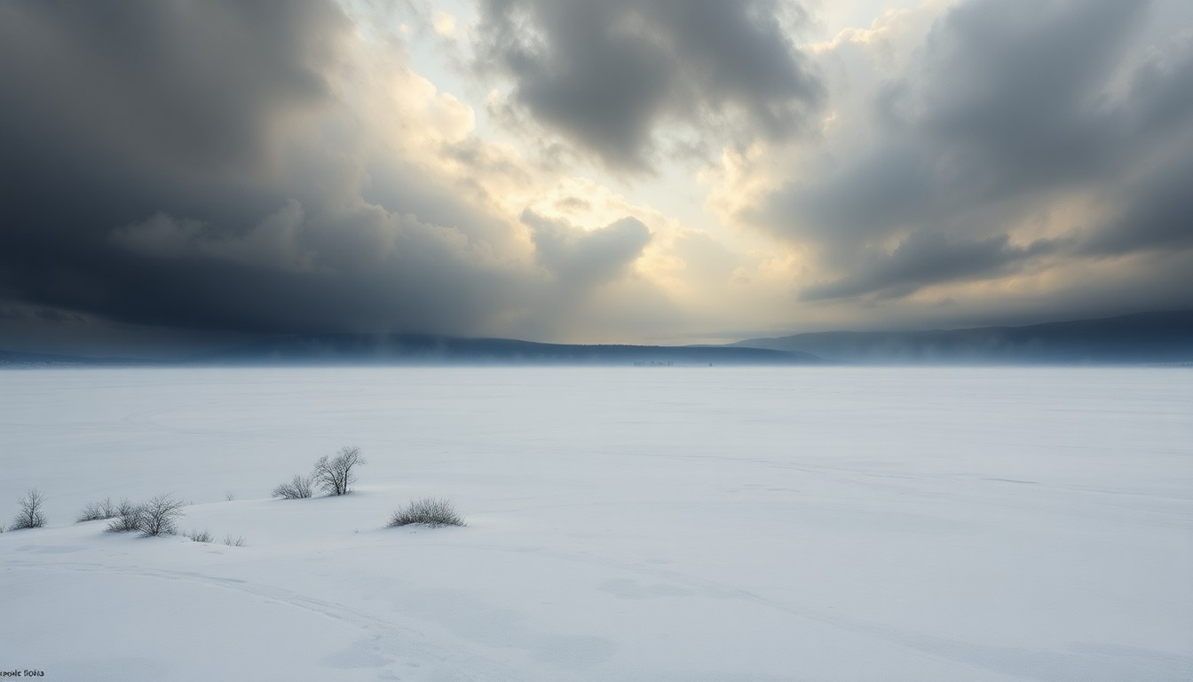 A sweeping, atmospheric landscape painting in muted tones, with the Cheboygan Lock and Dam barely visible in the distance, dwarfed by the overwhelming scale of the natural environment.