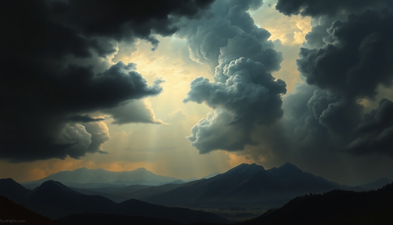 A sweeping, atmospheric landscape painting in muted tones of grey, blue, and gold, with dramatic storm clouds looming over a small town in the distance, conveying the overwhelming scale and power of an impending severe weather event.