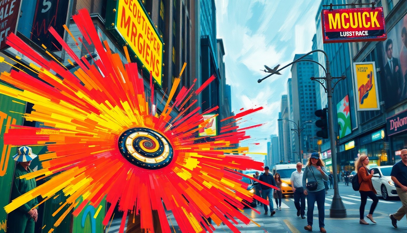 An abstract, expressionist painting in neon colors depicting the dynamic movements and energy of a sign spinner performing tricks on a busy street corner.