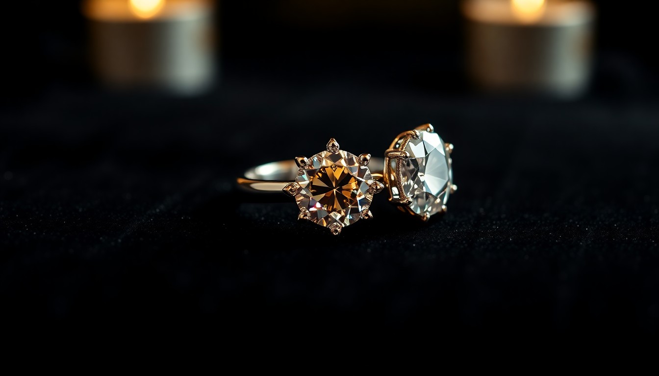 An extreme close-up photograph of a diamond engagement ring set against a plush black velvet background, capturing the glamour and luxury associated with a celebrity wedding.
