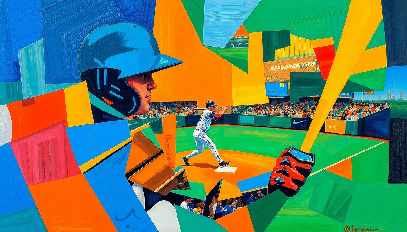 A fragmented, geometric painting depicting a baseball player in motion, with sharp planes of color and overlapping perspectives creating a dynamic, abstract composition.