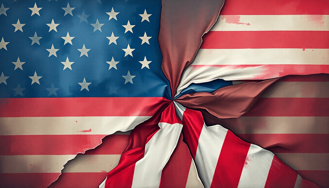 An abstract, fragmented painting of the American flag in muted red, white, and blue tones, conveying a sense of political division and conflict.