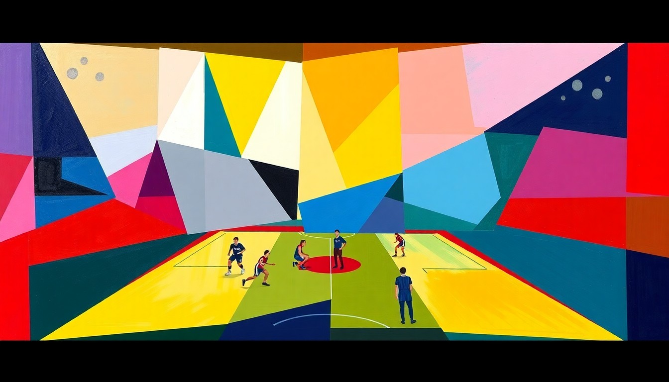 A cubist, geometric painting in Lockport High School's team colors, depicting the fragmented action and energy of a high school sports competition.