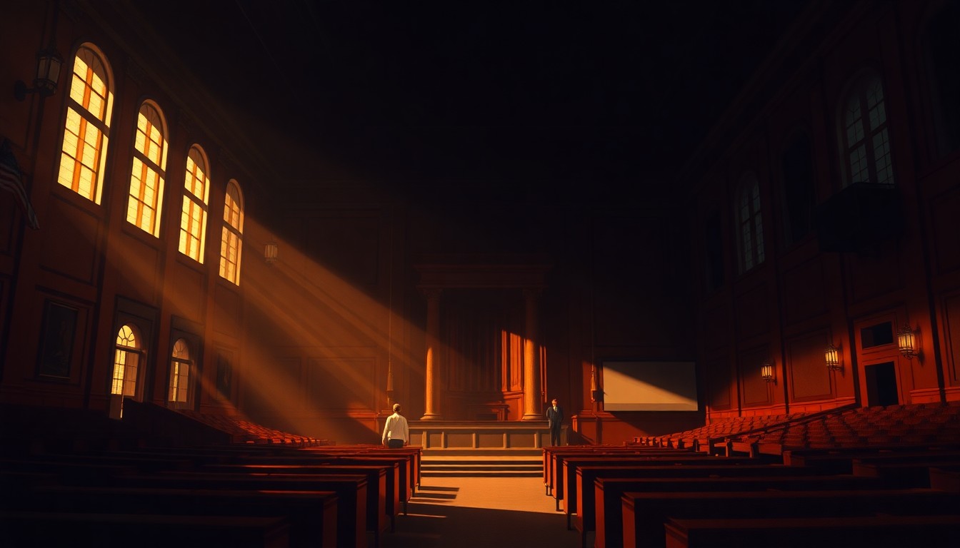 A serene, cinematic painting of an empty, dimly lit government building or legislative chamber, with warm diagonal sunlight casting deep shadows, conceptually representing the enduring impact of the Civil War on American politics.
