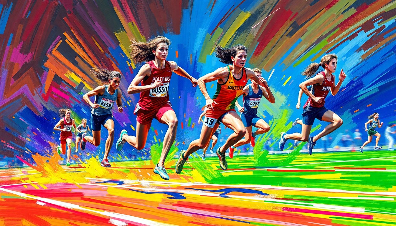 An abstract, energetic painting in neon colors depicting the dynamic motion and energy of high school track and field events like sprinting, hurdling, and throwing.