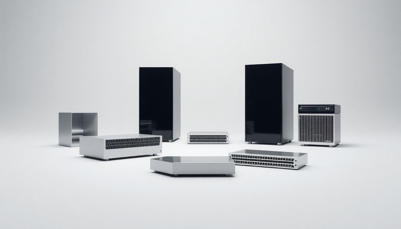 A photorealistic studio still life featuring a collection of polished metal and glass data server components arranged elegantly on a clean, monochromatic background, conceptually representing the abstract power and scale of modern data infrastructure.