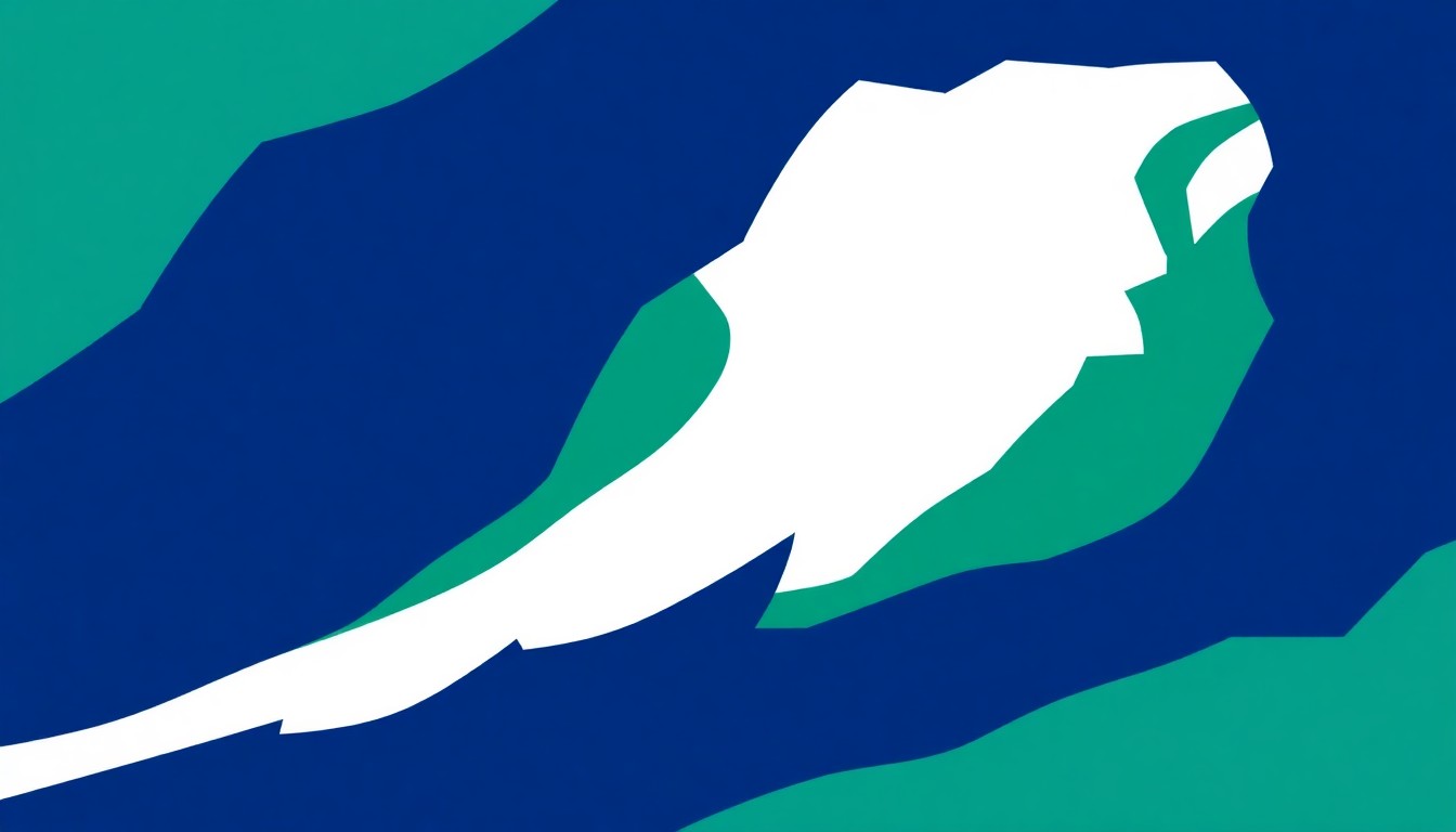 A striking abstract composition of jagged, interlocking geometric shapes in shades of blue, green, and white, conceptually representing the flow and energy of a river.