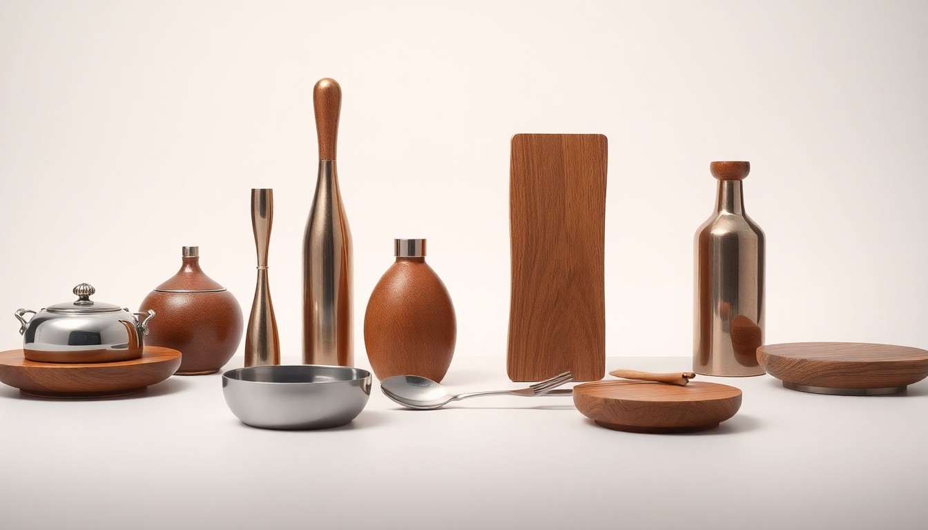 A high-end, photorealistic studio still-life photograph featuring a selection of polished metal and wood objects arranged elegantly on a clean, monochromatic background, symbolizing the fusion of traditional Mexican cuisine and modern dining experiences represented by the new TPQ Foods restaurant concepts.