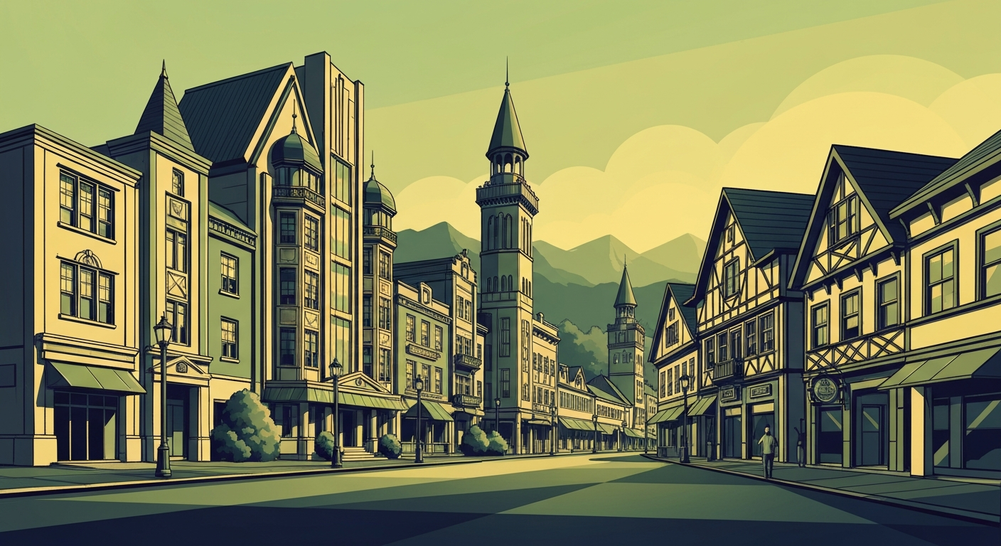An Art Deco-inspired illustration depicting the grand scale and architectural elegance of a Bavarian-themed downtown, with sweeping geometric forms and bold, airbrushed gradients in earthy greens, ochres, and deep blues, conceptually representing the resilience of a small-town community.