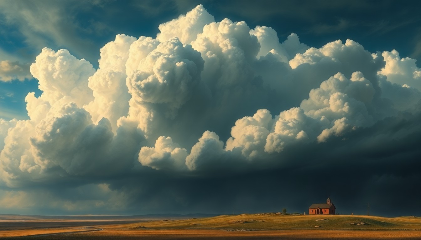 A sweeping, atmospheric landscape painting depicting an imposing, foreboding storm system looming over a small, unassuming emergency management facility, conveying the overwhelming scale of nature's power and the importance of preparedness.