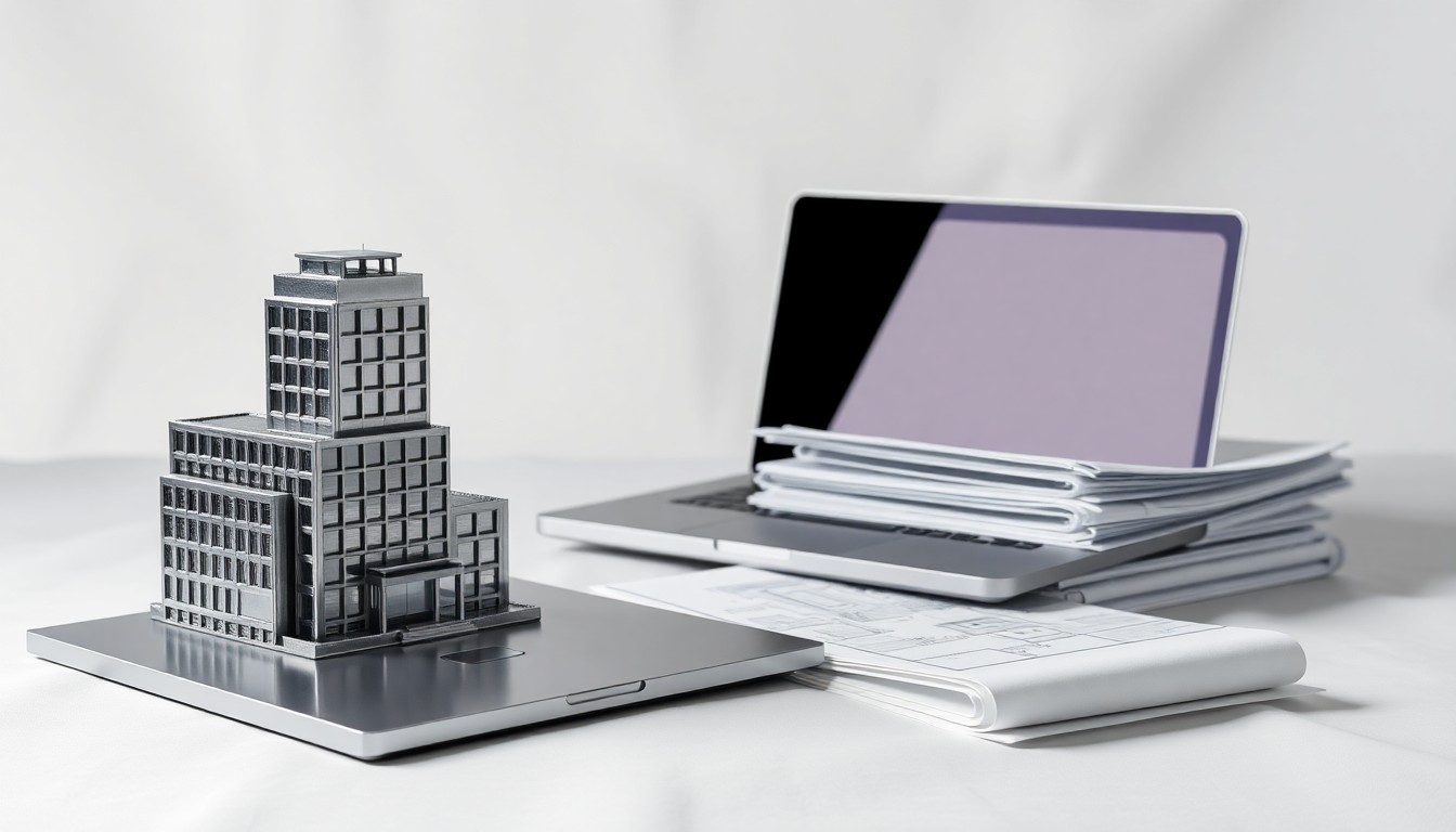 A minimalist studio still life featuring a polished metal model of a modern office building, a sleek laptop computer, and a stack of architectural blueprints, conceptually representing Chesapeake's economic growth and urban development.