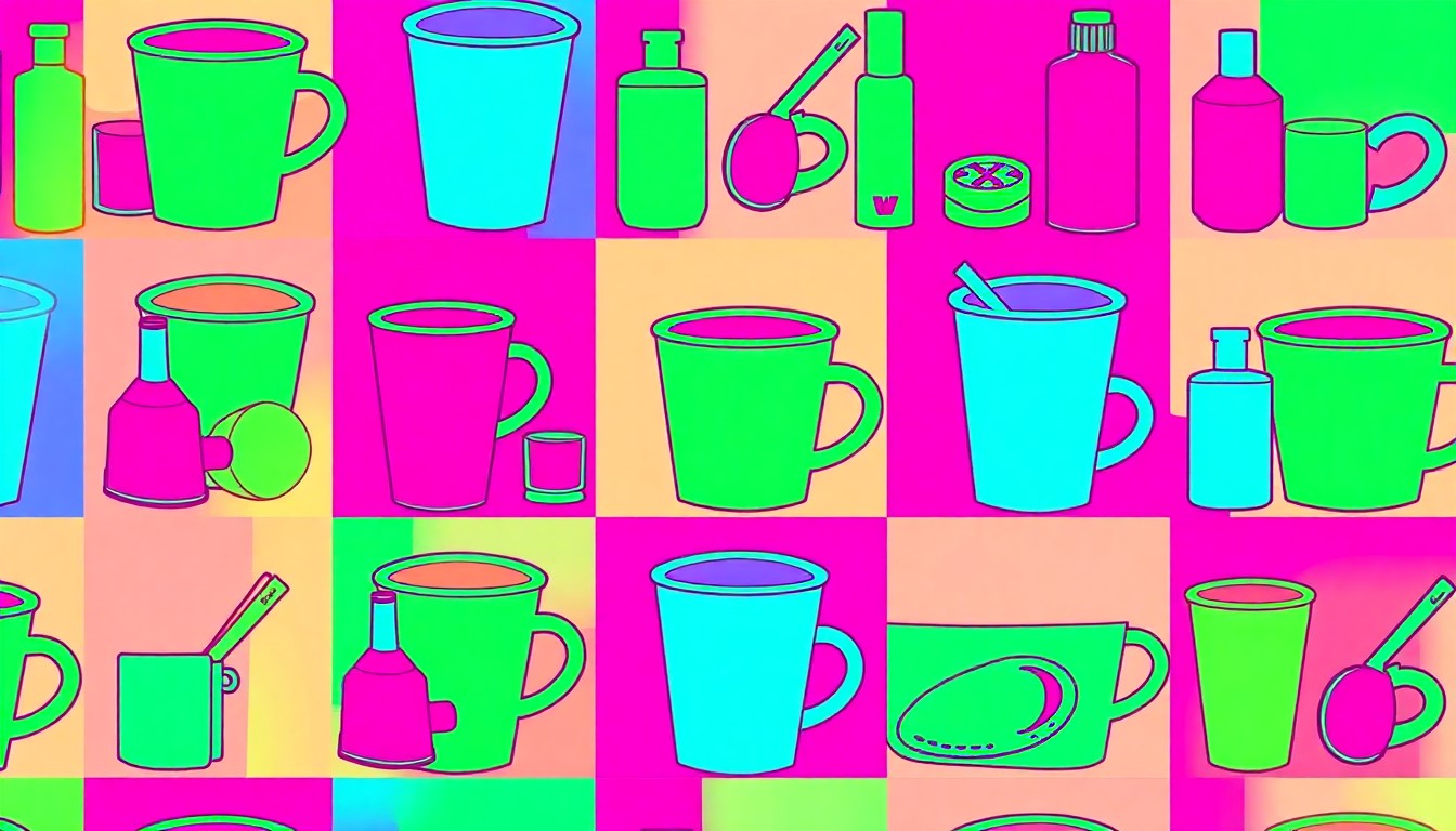 A brightly colored, high-contrast silkscreen print of a single, iconic lifestyle object such as a coffee cup or piece of clothing repeated in a tight grid pattern, conceptually representing the variety of community events and activities in the Long Beach and South Bay areas.