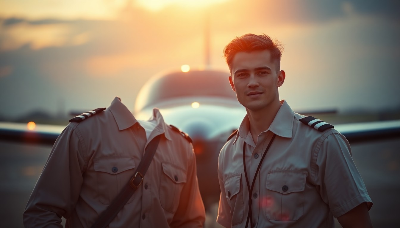 An extremely abstracted, out-of-focus photograph of two young men in pilot uniforms standing in front of a small private plane, with warm pools of light and color surrounding them, conceptually representing their shared passion for aviation.
