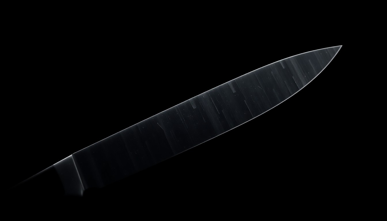 An extreme close-up of a serrated knife, its sharp edges and metallic sheen dramatically illuminated against a pitch-black backdrop, conveying the gritty, investigative nature of this tragic crime.