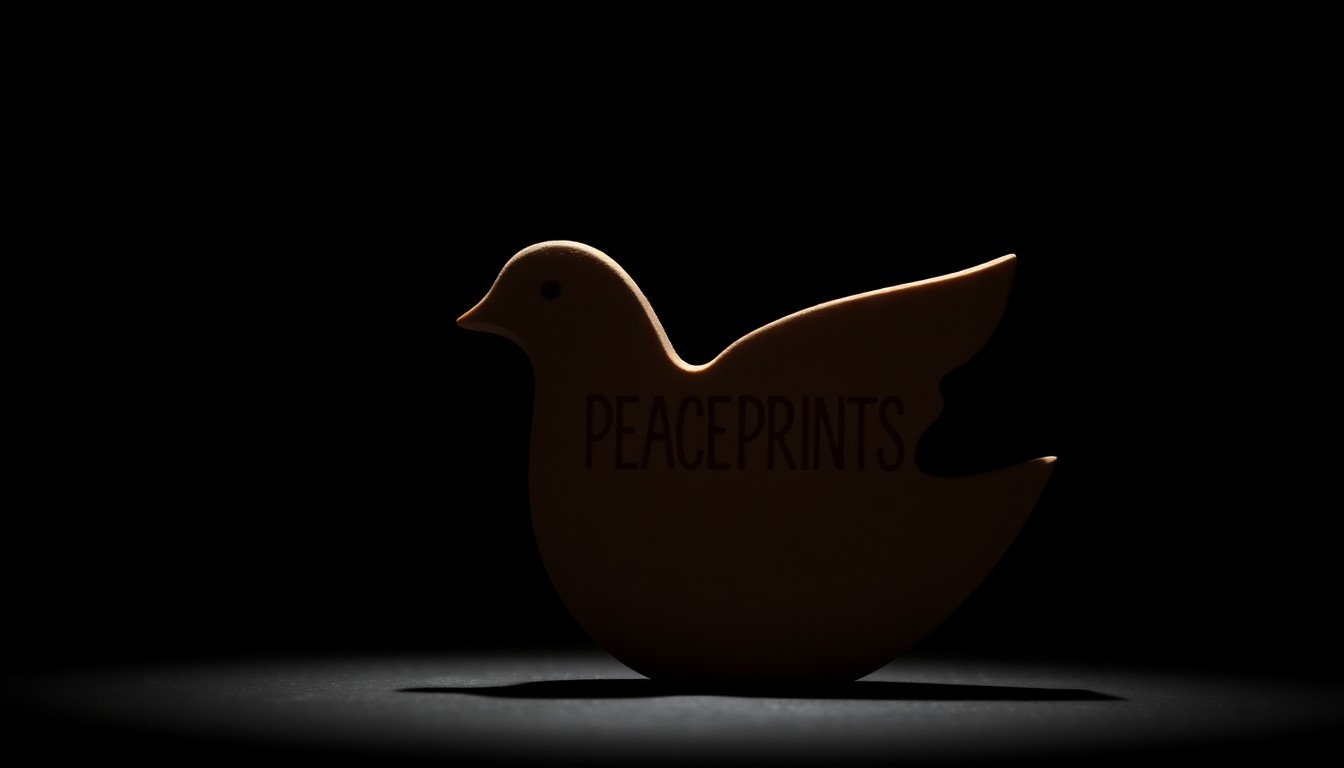 An extreme close-up photograph of a simple wooden dove carving, lit by a harsh direct flash against a pitch-black background, conveying the somber yet hopeful spirit of Sister Klimczak's legacy of nonviolence and community rehabilitation.