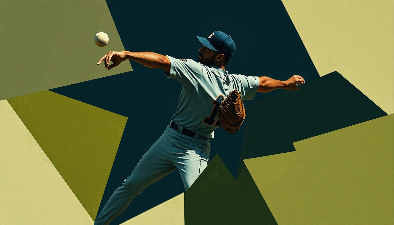 A cubist-style painting depicting a baseball pitcher's motion broken down into sharp, overlapping geometric shapes in muted tones, conceptually representing the disruption caused by an injury to the team's pitching staff.