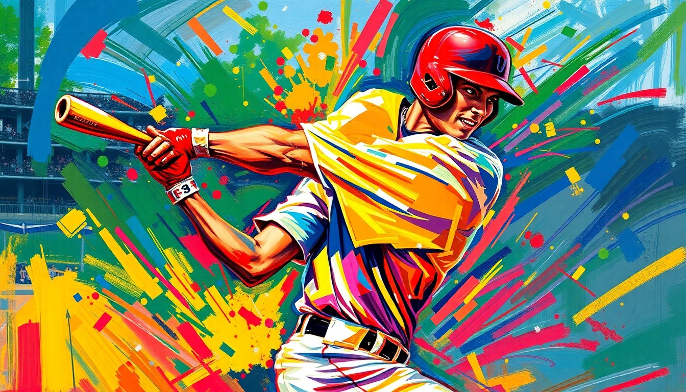 A dynamic, neon-colored painting featuring bold, energetic brushstrokes that capture the raw power and motion of a baseball player swinging a bat, conceptually representing the Mets' Jorge Polanco's struggle with an Achilles injury.