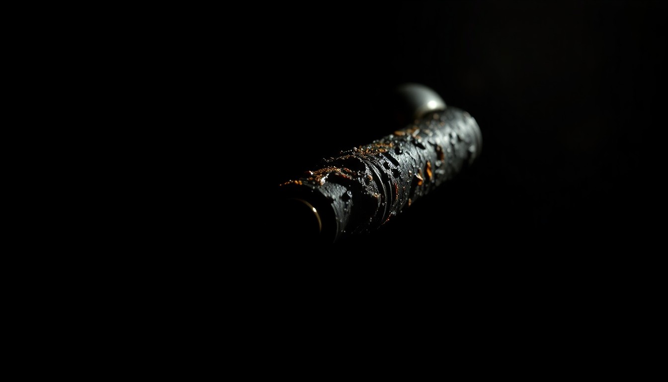 An extreme close-up of a charred, melted door handle against a pitch-black background, conveying the aftermath and destruction of a residential fire through a stark, investigative visual style.
